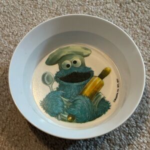 Vintage 1977 Sesame Street Cookie Monster Ceramic Bowl with Chef Graphic - Blue